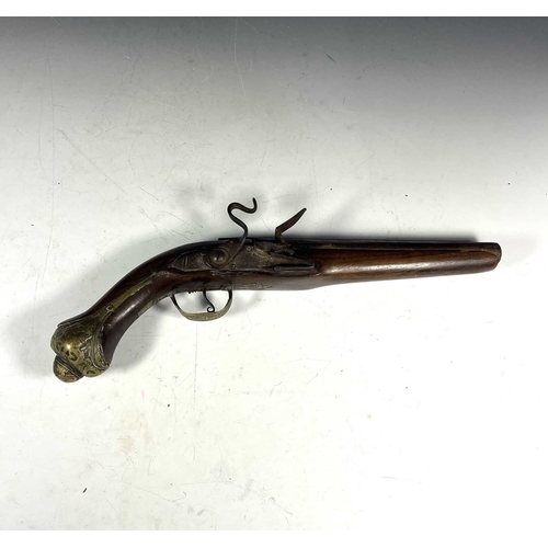 382 - Two antique flintlock horse pistols, walnut stocks, brass pommels, 36cm long (2)