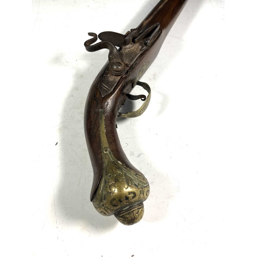 382 - Two antique flintlock horse pistols, walnut stocks, brass pommels, 36cm long (2)