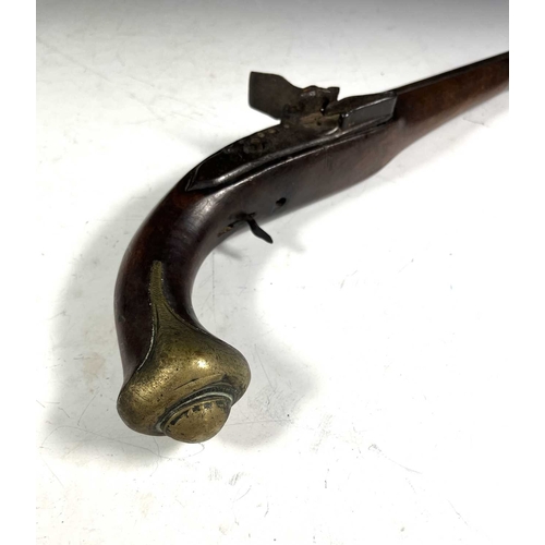 382 - Two antique flintlock horse pistols, walnut stocks, brass pommels, 36cm long (2)