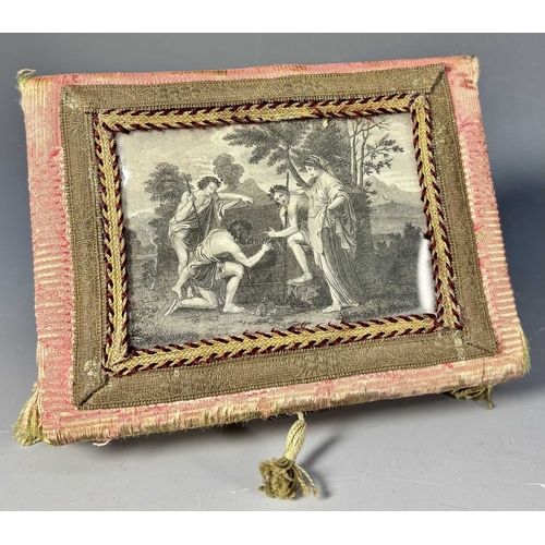 399 - A Georgian style fabric jewellery box, main body in pink with gold-thread trim surrounding a glazed ... 