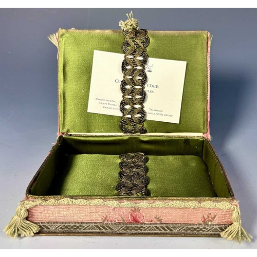 399 - A Georgian style fabric jewellery box, main body in pink with gold-thread trim surrounding a glazed ... 