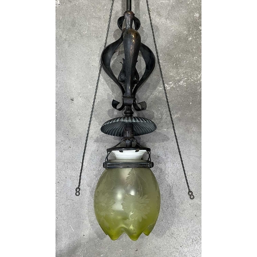 415 - An Art Nouveau fixed ceiling pendent light fitting, converted from gas, central column fixed with st... 