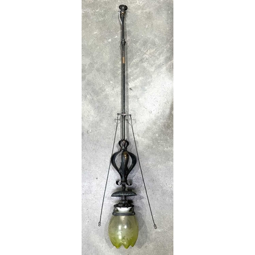 415 - An Art Nouveau fixed ceiling pendent light fitting, converted from gas, central column fixed with st... 