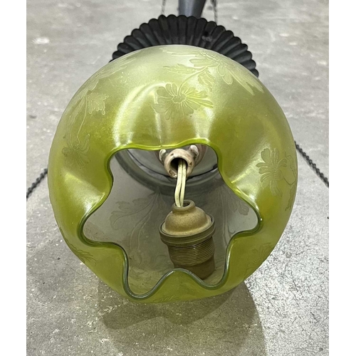 415 - An Art Nouveau fixed ceiling pendent light fitting, converted from gas, central column fixed with st... 