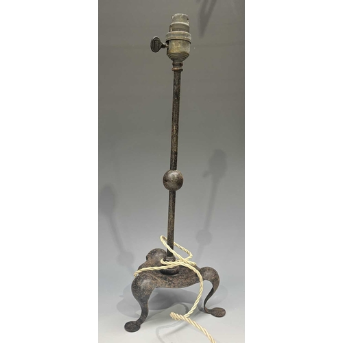 420 - Three wrought iron Pullman-style lamp bases, two with early plastic twist switches, h: 43cm (3) Prov... 