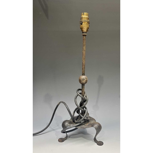 420 - Three wrought iron Pullman-style lamp bases, two with early plastic twist switches, h: 43cm (3) Prov... 