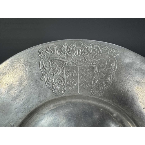 421 - A set of six heavy tin dinner plates, some with control marks, diameter 32cm, together with a larger... 