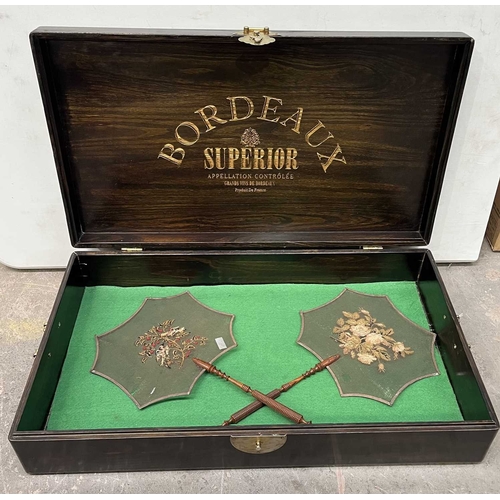 44 - A Chinese hardwood wine box with brass drop handles and a brass front fastener, L: inc handles 64cm,... 