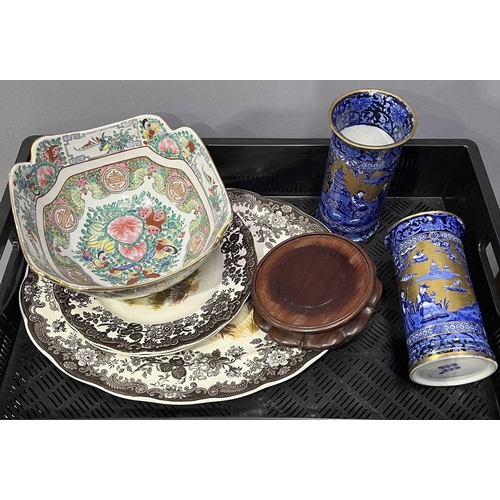 99 - A pair of James Kent Ye Olde Foley Ware oriental style cylindrical blue and white vases, height 18cm... 