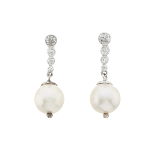 107 - A pair of graduated old-cut diamond and cultured pearl drop earrings, estimated total diamond weight... 