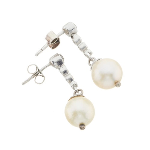 107 - A pair of graduated old-cut diamond and cultured pearl drop earrings, estimated total diamond weight... 