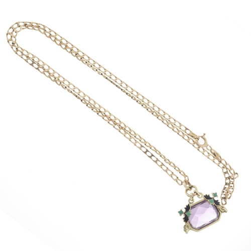 11 - A yellow metal amethyst and enamel pendant, with 9ct gold flat curb-link chain, amethyst estimated w... 