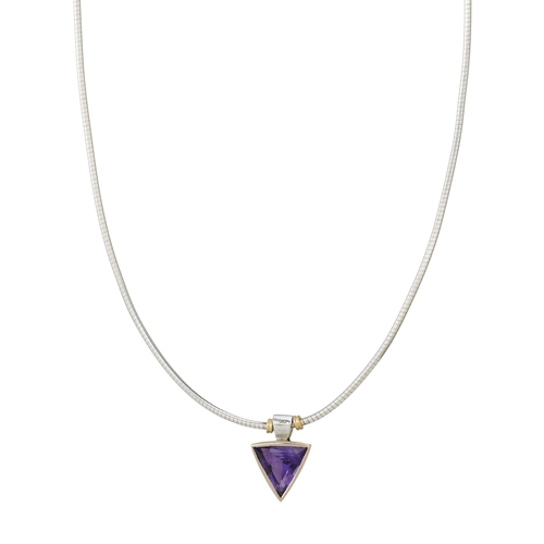 116 - An 18ct triangular-shape amethyst single-stone pendant, suspended from an 18ct gold snake-link wire ... 