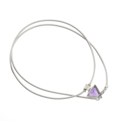 116 - An 18ct triangular-shape amethyst single-stone pendant, suspended from an 18ct gold snake-link wire ... 