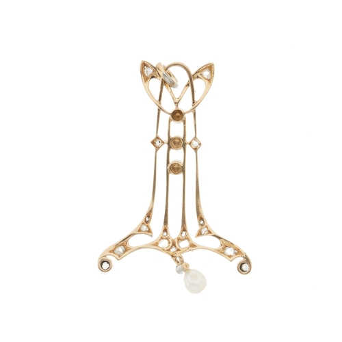16 - An Art Nouveau rose-cut diamond and seed pearl openwork pendant, suspending a rose-cut diamond and p... 