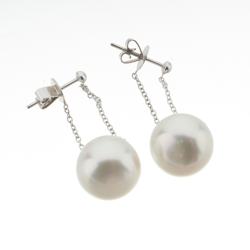 170 - A pair of 18ct gold cultured pearl double chain drop earrings, with brilliant-cut diamond highlights... 