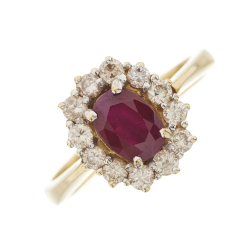 171 - An 18ct gold ruby and brilliant-cut diamond cluster ring, estimated total diamond weight 0.60ct, tin... 