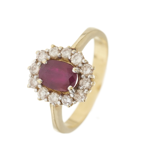171 - An 18ct gold ruby and brilliant-cut diamond cluster ring, estimated total diamond weight 0.60ct, tin... 