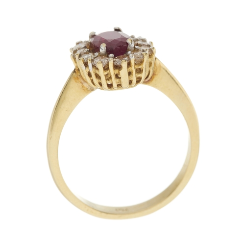 171 - An 18ct gold ruby and brilliant-cut diamond cluster ring, estimated total diamond weight 0.60ct, tin... 