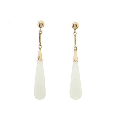 182 - A pair of gold white gem cabochon drop earrings, assessed as white jade, earring backs stamped K14 a... 