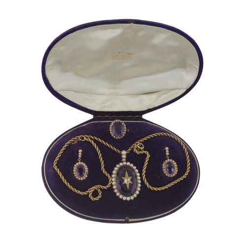 19 - A set of Victorian gold amethyst, old-cut diamond and split pearl jewellery, to include a necklace, ... 