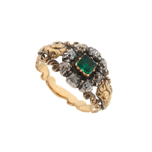 2 - A late Georgian emerald and old-cut diamond cluster ring, with scrolling shoulders and band, emerald... 