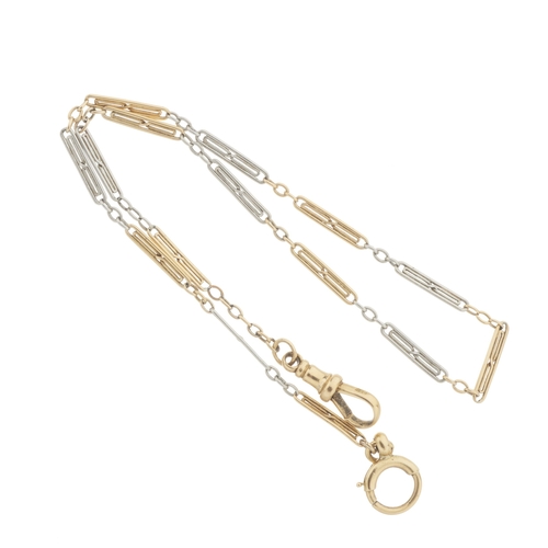 21 - An Edwardian 18ct bi-colour gold Albertina chain, with lobster clasp and spring ring terminals, clas... 
