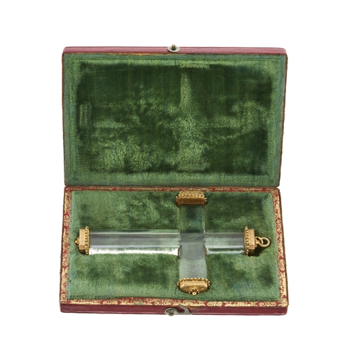 22 - An early to mid 18th century gold rock crystal pendant, with engraved cannetille terminals and fitte... 