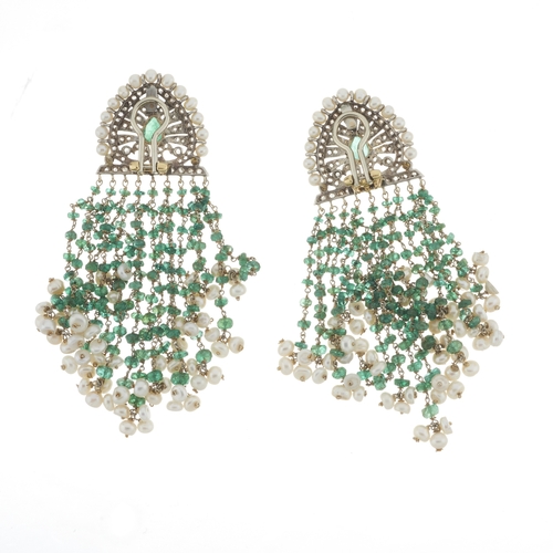 24 - A pair of bi-metal emerald, rose-cut diamond and cultured pearl fringe drop earrings, maker's marks ... 