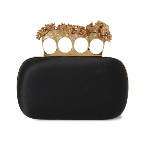 242 - Alexander McQueen, a Knuckle Box clutch, designed with a black satin exterior, featuring a gold-tone... 