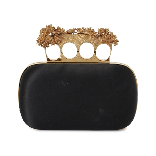 242 - Alexander McQueen, a Knuckle Box clutch, designed with a black satin exterior, featuring a gold-tone... 