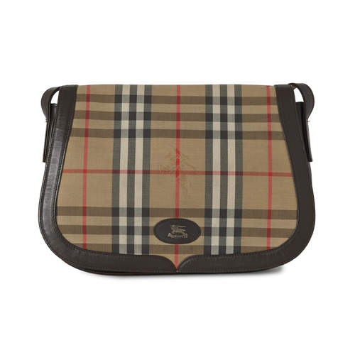 260 - Burberry, a vintage handbag, designed with a Haymarket check canvas exterior with brown leather trim... 