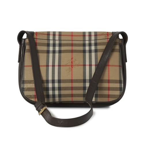 260 - Burberry, a vintage handbag, designed with a Haymarket check canvas exterior with brown leather trim... 