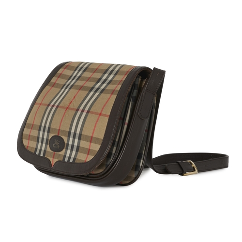 260 - Burberry, a vintage handbag, designed with a Haymarket check canvas exterior with brown leather trim... 