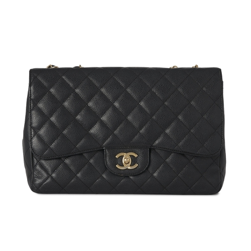 281 - Chanel, a Jumbo Classic Flap handbag, featuring a black caviar quilted leather exterior, with gold-t... 