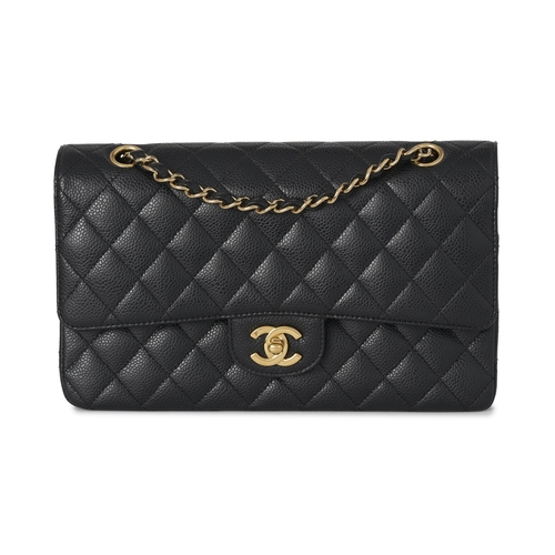283 - Chanel, a Medium Classic Double Flap handbag, designed with a quilted black caviar leather exterior,... 