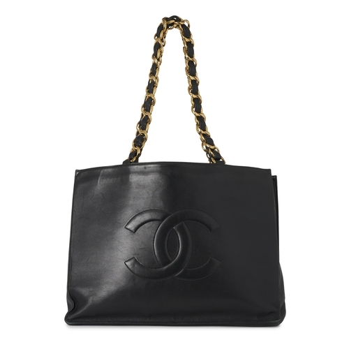 292 - Chanel, a vintage Jumbo XL Chain Shopping Tote, crafted from smooth black calfskin leather with stit... 