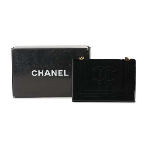 298 - Chanel, a vintage black velvet Classic Flap handbag, designed with black leather trim, featuring emb... 