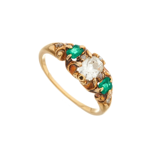 3 - A 19th century gold old-cut diamond and emerald dress ring, with similarly-cut diamond spacers and g... 