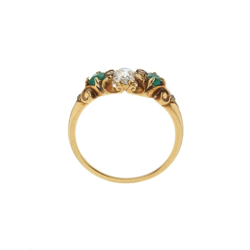 3 - A 19th century gold old-cut diamond and emerald dress ring, with similarly-cut diamond spacers and g... 