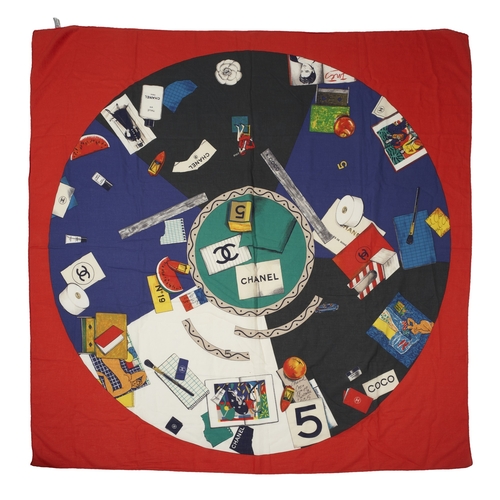 305 - Chanel, an oversized square Artist Novelty Print cotton scarf, featuring a bold, multicoloured colla... 