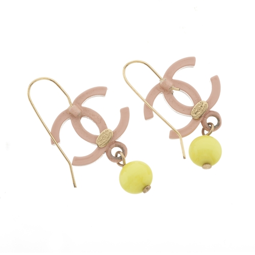 315 - Chanel, a pair of pink and yellow CC drop earrings, signed Chanel, stamped 03S Made In France, lengt... 