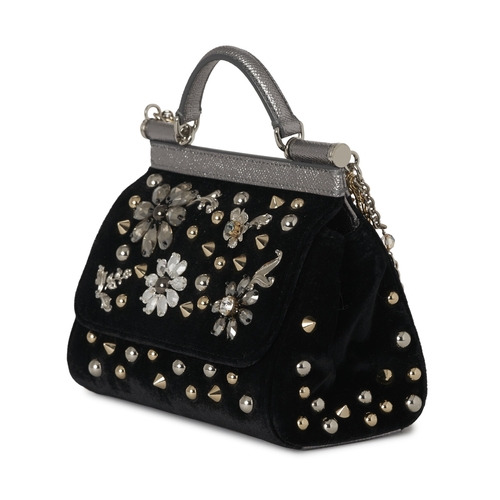 335 - Dolce & Gabbana, a black velvet and crystal-studded Mini Sicily handbag, designed with a black velve... 