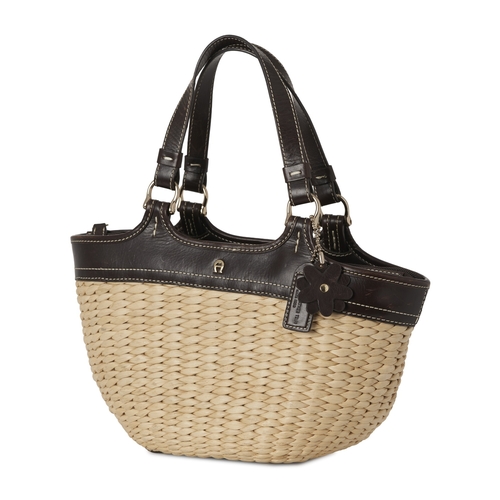 337 - Etienne Aigner, a vintage wicker handbag, with brown leather trim, dual leather handles and top zip ... 