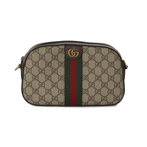 357 - Gucci, a Supreme Ophidia camera bag, crafted from GG coated canvas, with brown leather trim, green a... 