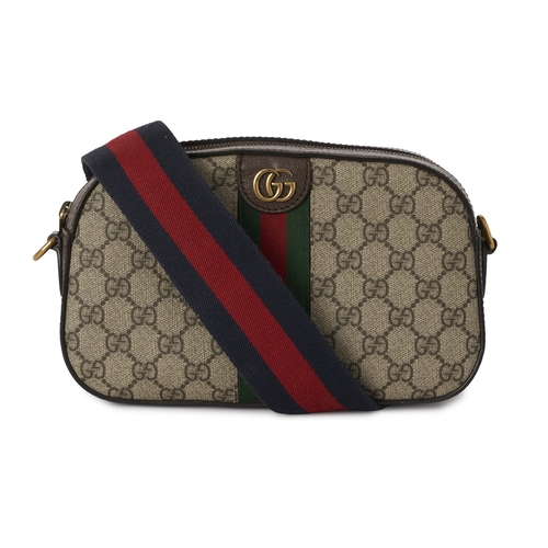 357 - Gucci, a Supreme Ophidia camera bag, crafted from GG coated canvas, with brown leather trim, green a... 