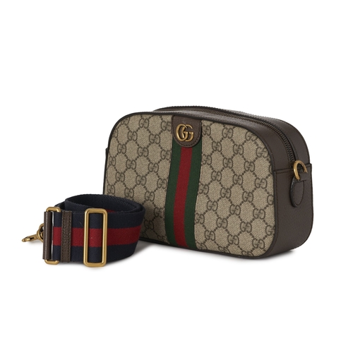 357 - Gucci, a Supreme Ophidia camera bag, crafted from GG coated canvas, with brown leather trim, green a... 