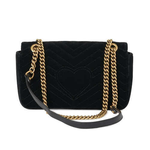 358 - Gucci, a black velvet Marmont handbag, featuring a chevron quilted leather exterior with heart detai... 