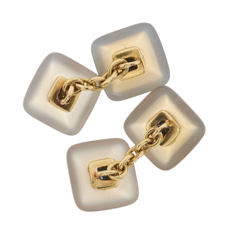 36 - A pair of 18ct gold blue chalcedony cabochon cufflinks, with square-shape sapphire central highlight... 