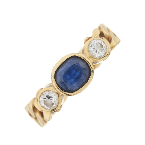 37 - An 18ct gold sapphire and brilliant-cut diamond three-stone ring, with flat curb-link band, estimate... 